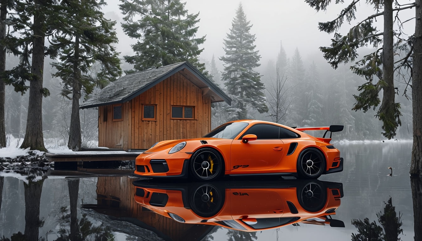 Vibrant Orange Porsche 911 GT3 Reflection in Serene Forest Background Virtual Backgrounds