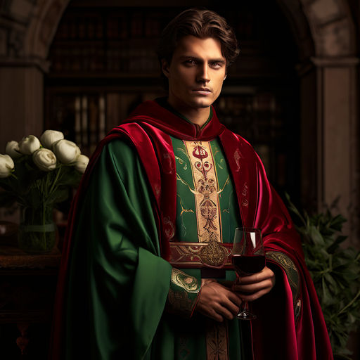 Create image of Saint Eusebia with wine red and green robes by Relax Musicas Playground