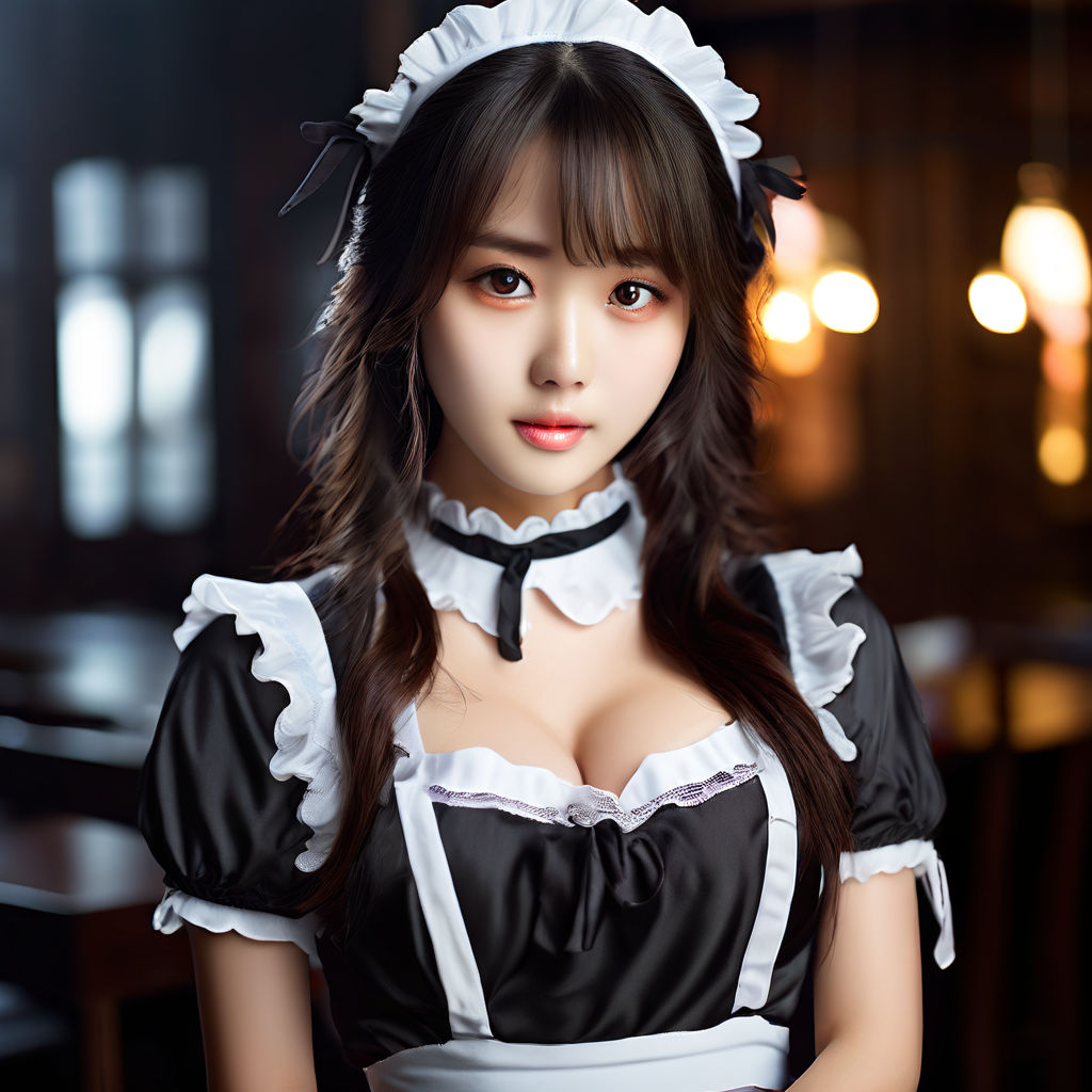 hyper realistic beautiful korean cosplayer in sexy maid costume