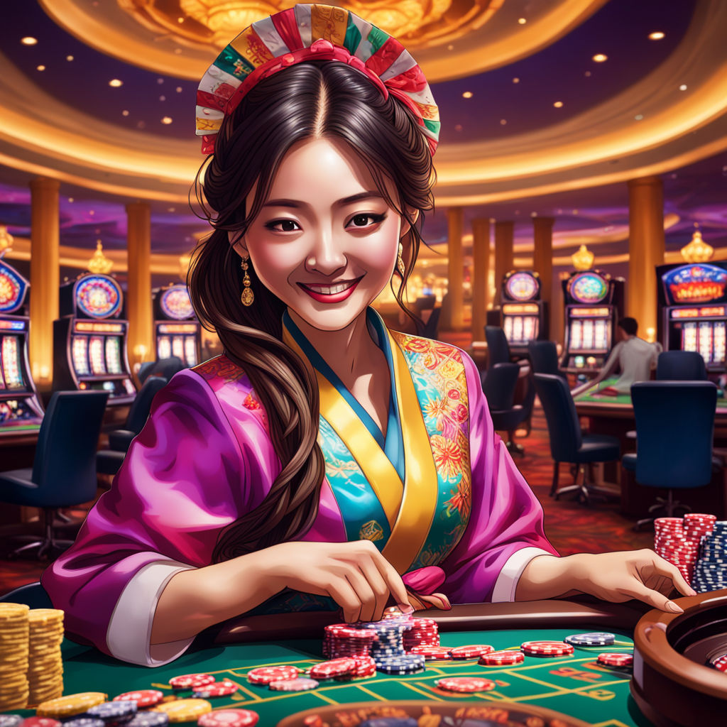 Young woman in her 20s, beams with joy, dons vibrant hanbok, engages in baccarat at casino table, chips stacked high, cards in hand, dealer Baccarat, roulette wheels spinning, lights glinting off slot machines in background, vivid colors, dramatic lighting, digital painting