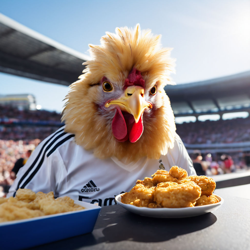 Real Madrid chicken eating nuggets by Mar - Playground