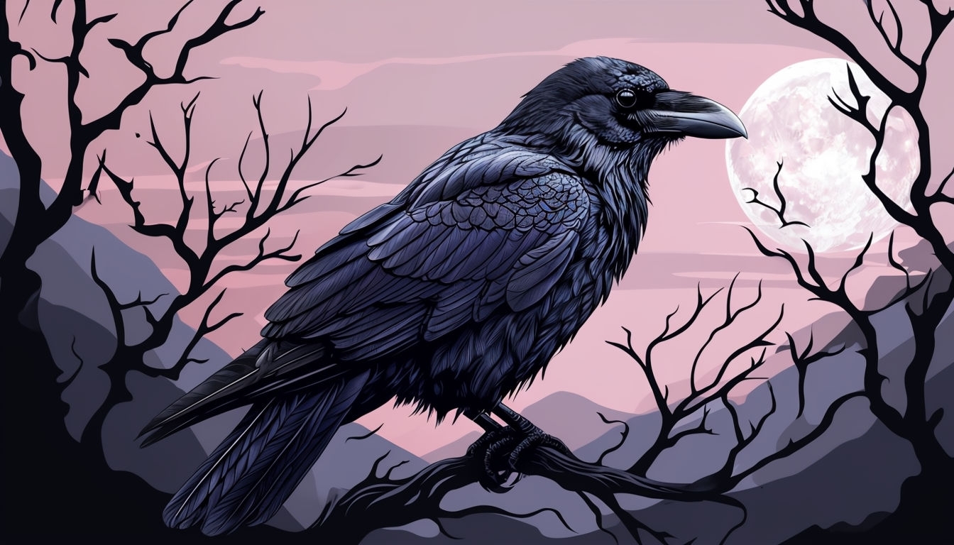 Mysterious Raven Perched on Gnarled Branch with Full Moon Background