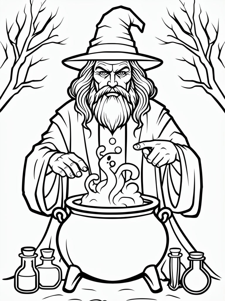 Enchanting Witch Cauldron Art Coloring Book Page for Creative Fun