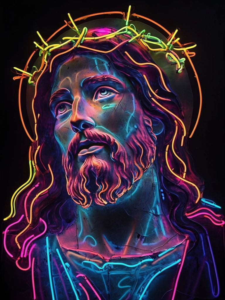 Vivid Neon Art Portrait of Jesus Christ on Black Background Art