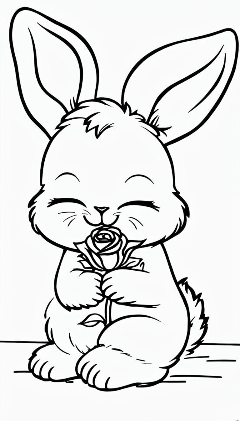 Adorable Cartoon Rabbit with Rose Coloring Book Page