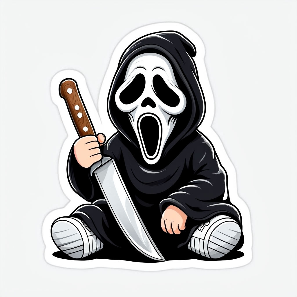 Cartoon Ghostface Character with Knife Illustration Sticker