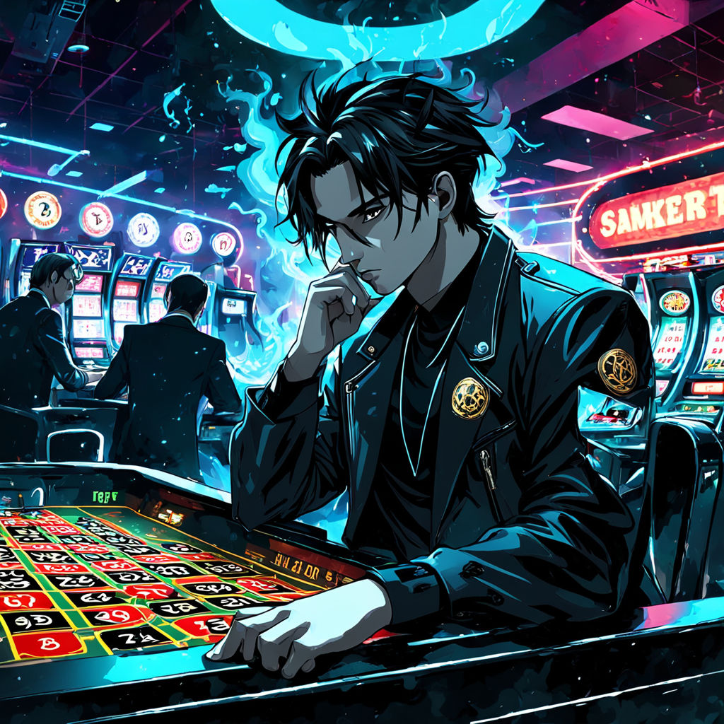 A charismatic individual, an epitome of savvy and seasoned expertise in the gambling world, sitting in a dim, smoke-filled room with the ambient glow of roulette wheels and slot machines, stakes high, chips piled high at his side, palms sweaty, navigating the gambling world with calculated risks and acute observations, smoke, neon lights, high contrast, shades and noir aesthetic, neo-noir lighting, 4k