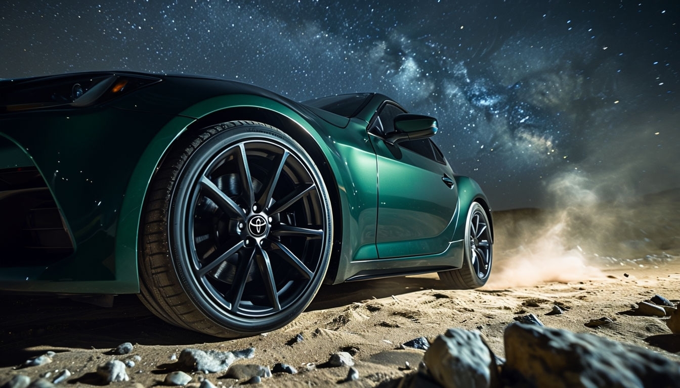Sleek Forest Green Sports Car Under Starry Night Sky Background
