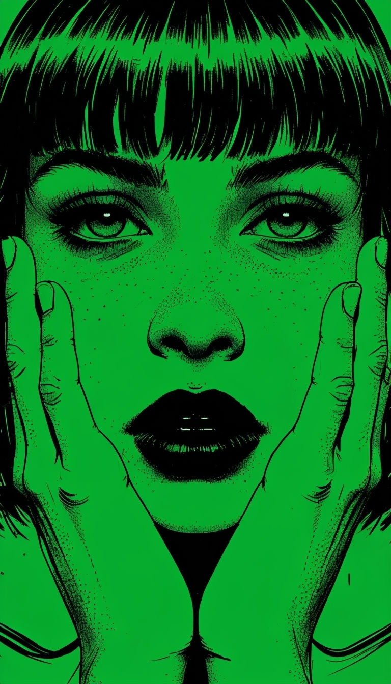 Intense Black Face Illustration on Green Background Mobile Wallpaper