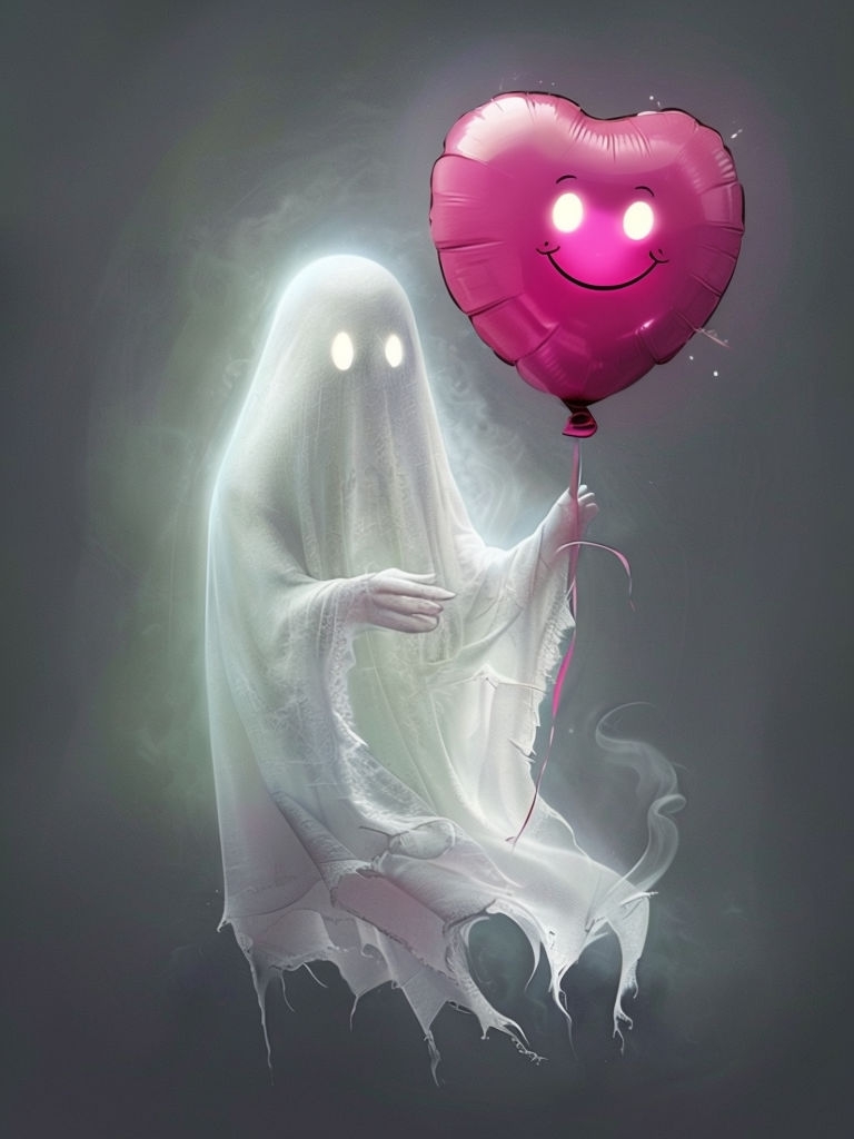 Ghostly Figure with Heart-Shaped Balloon Playful Illustration Poster