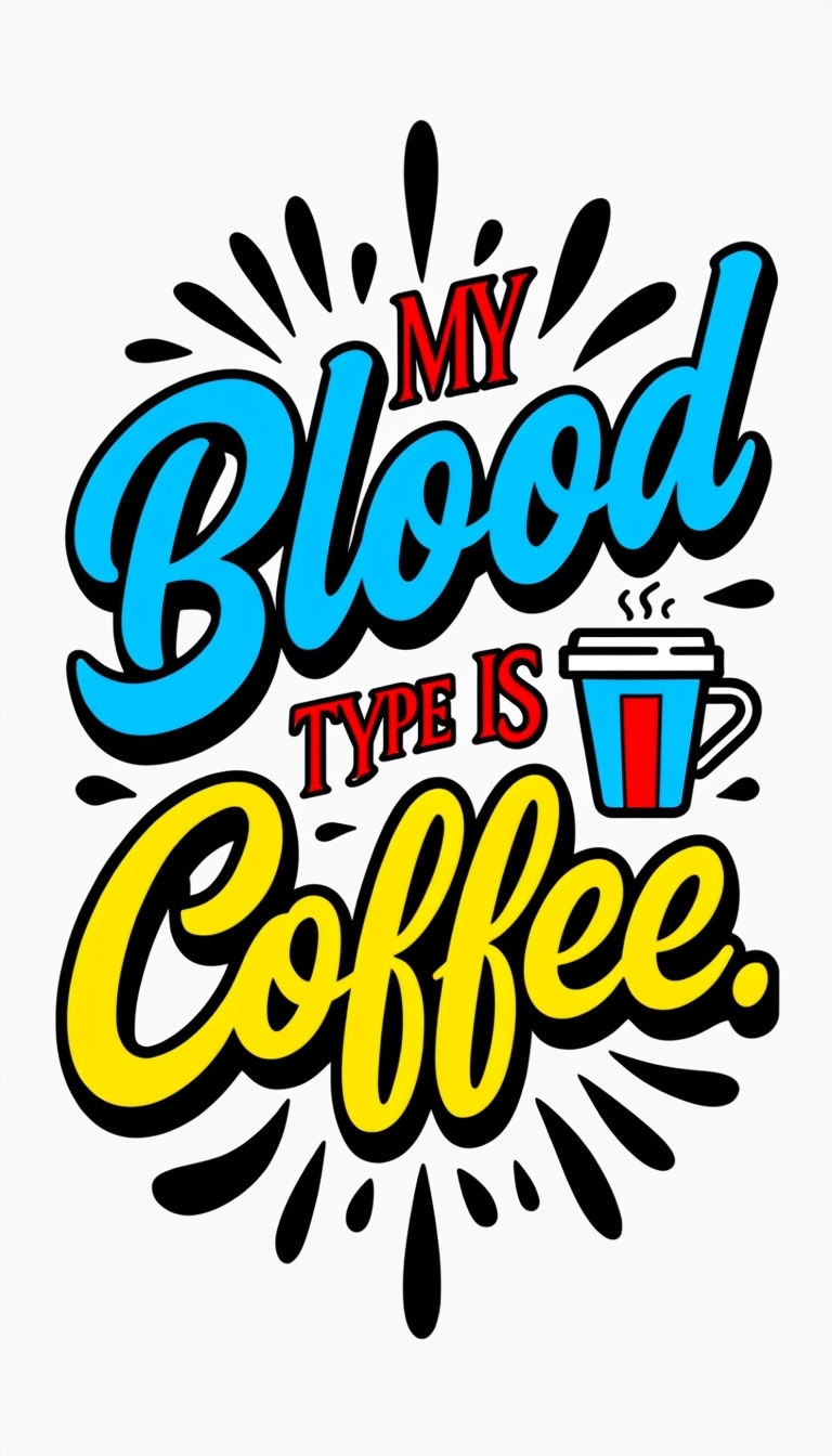 Playful "My Blood Type is Coffee" Colorful Quote Art Poster