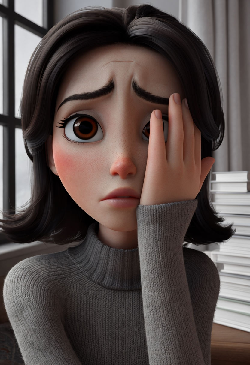 Melancholic Female Character 3D Portrait with Expressive Eyes Art