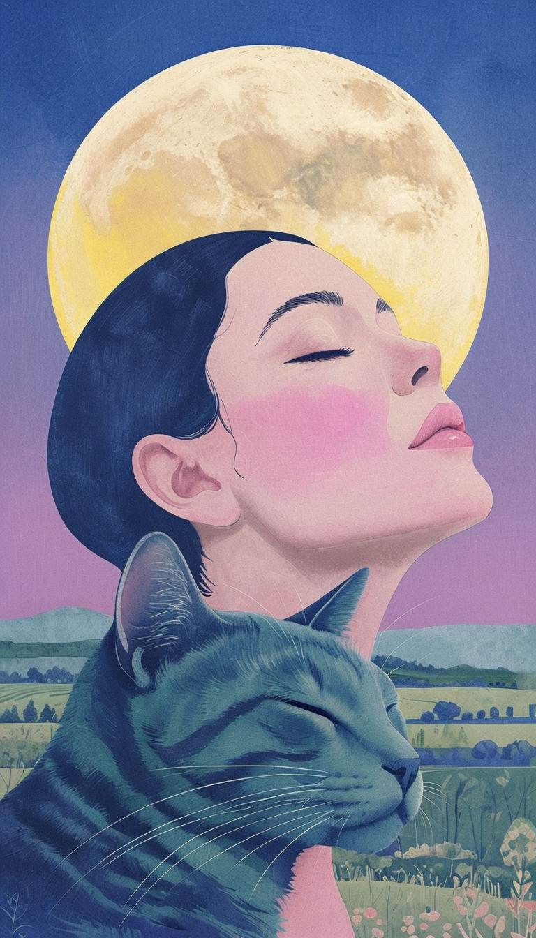 Serene Woman and Cat Under a Vibrant Moonlit Sky Art