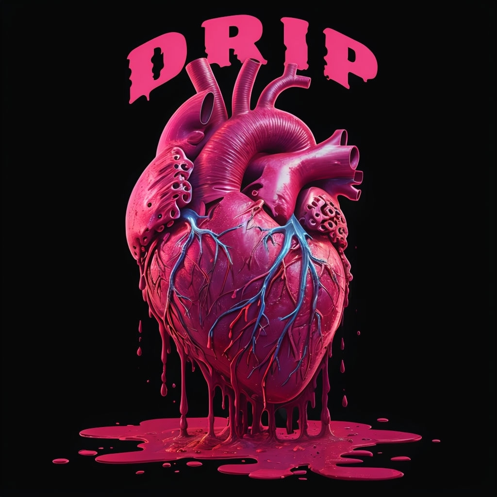 Vibrant Neon Pink Human Heart Artwork with Surreal Dripping Effects Spotify Album Cover