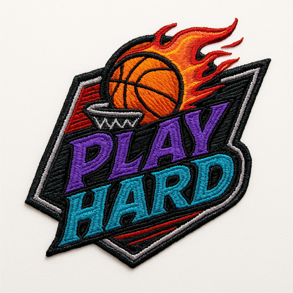 Vibrant Embroidered Basketball Patch with Play Hard Design Hat