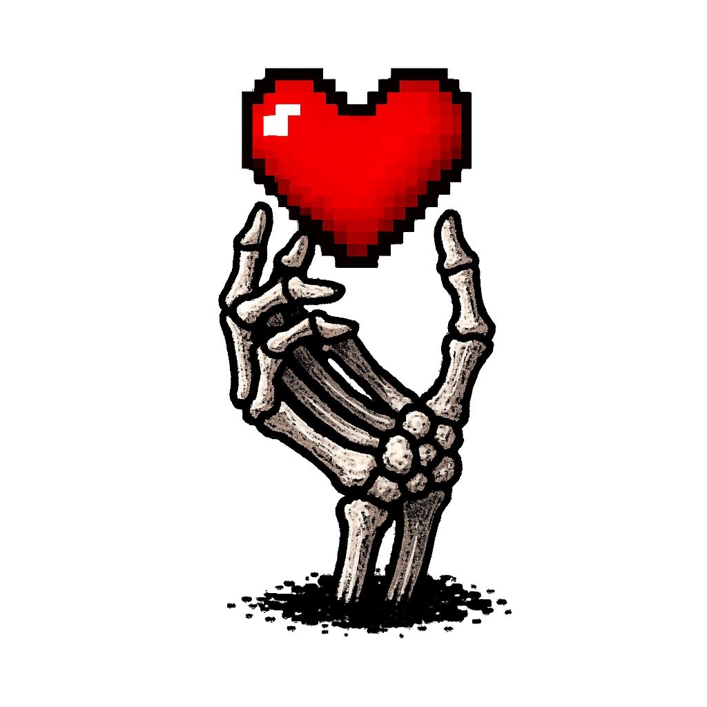 Pixelated Skeletal Hand Holding Glossy Red Heart Sticker