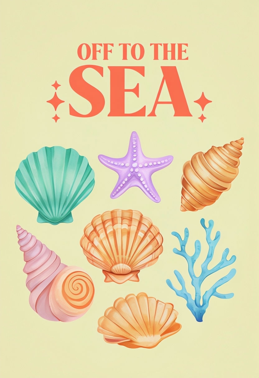 Off to the Sea Colorful Marine Life Illustration Poster