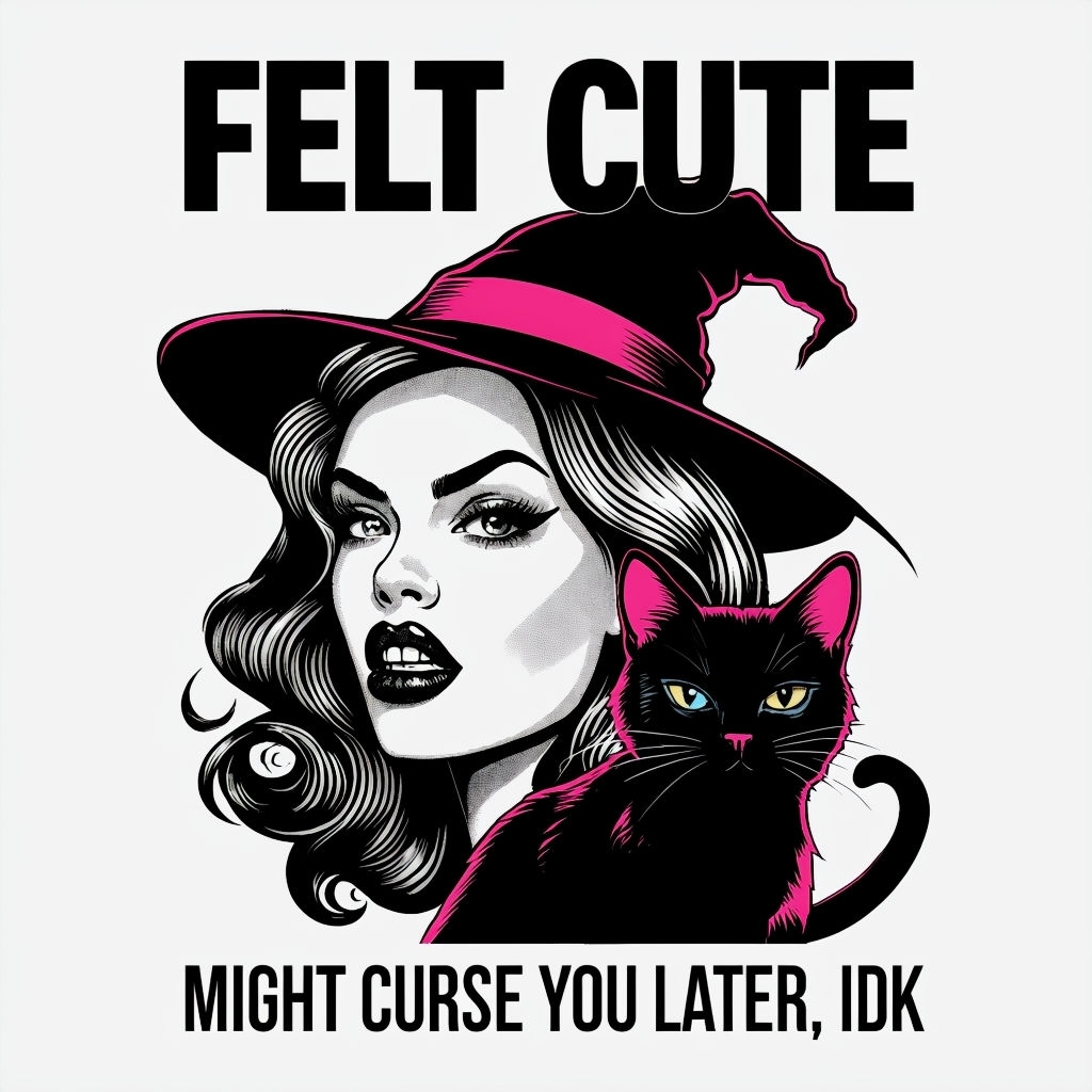 Vintage Pop Art Witch with Cat and Bold Text T-Shirt