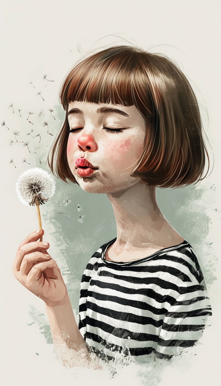 Dreamy Young Girl Blowing Dandelion Illustration Art