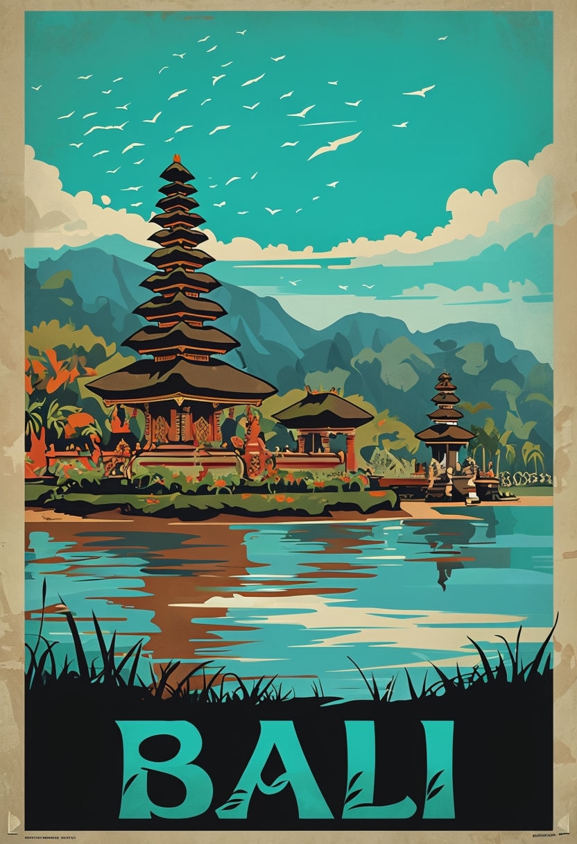 Vintage Bali Travel Poster with Traditional Temples and Serene Landscape