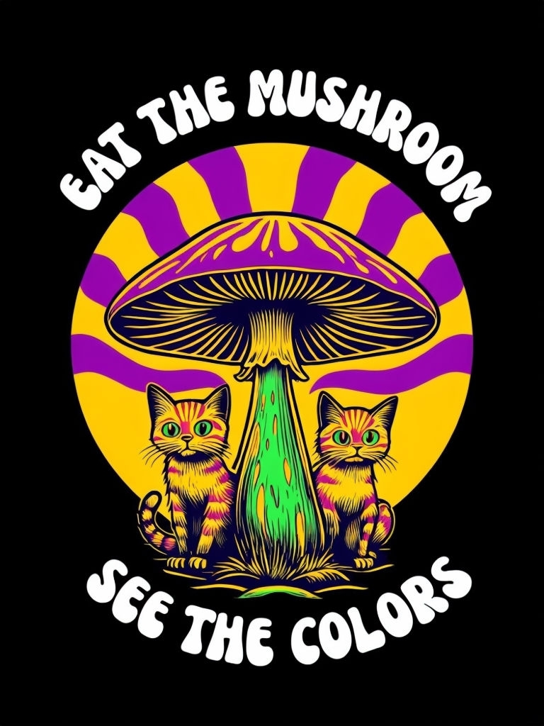 Colorful Cat with Swirling Mushroom and Retro Text T-Shirt