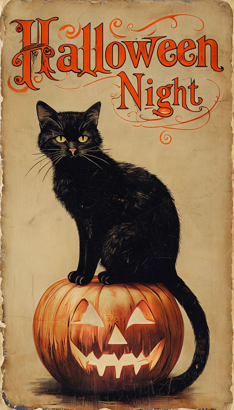 Vintage Halloween Night Black Cat and Jack-o'-Lantern Poster