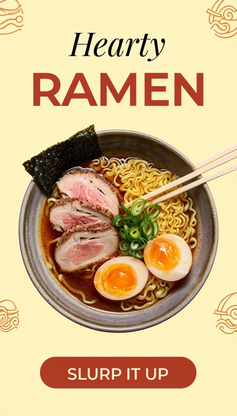 Delicious Artisan Ramen Bowl with Call to Action Ad