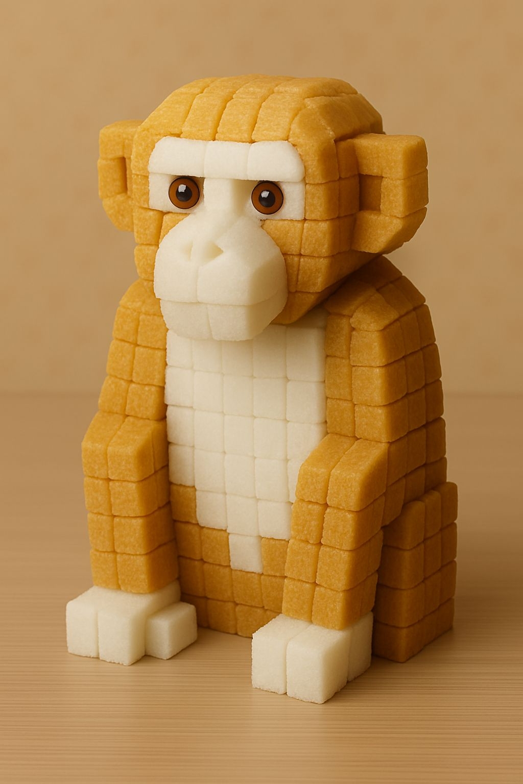 Intricate Sugar Cube Monkey Sculpture Against Beige Background Art