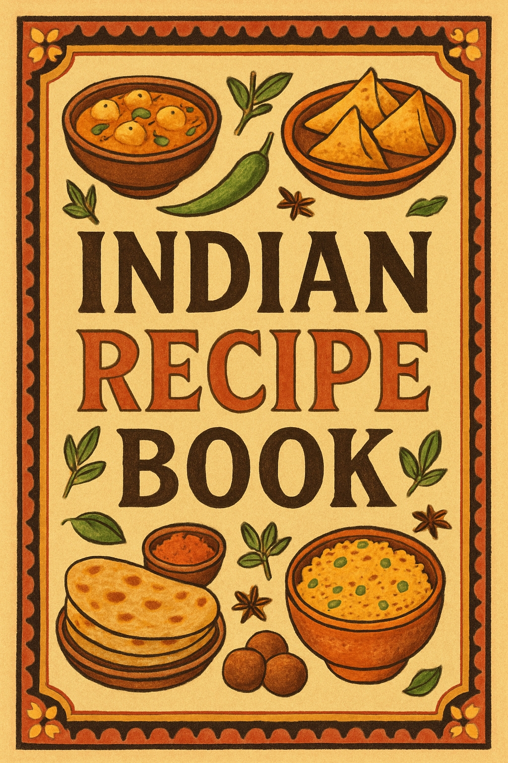 Vibrant Indian Recipe Book Cover with Traditional Dishes Illustration EBook Cover
