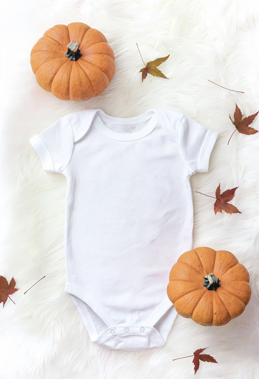 Cozy Fall Baby Onesie with Pumpkins and Leaves Mockup