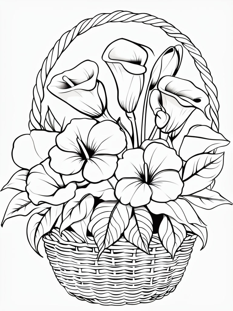 Intricate Black and White Wicker Basket with Flowers Illustration Coloring Book Pages