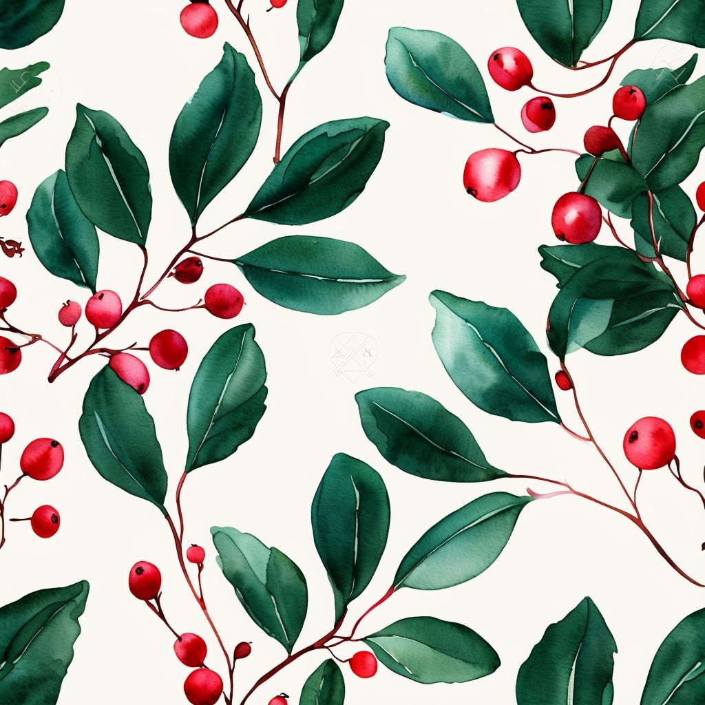 Serene Watercolor Seamless Pattern of Green Leaves and Red Berries Sticker