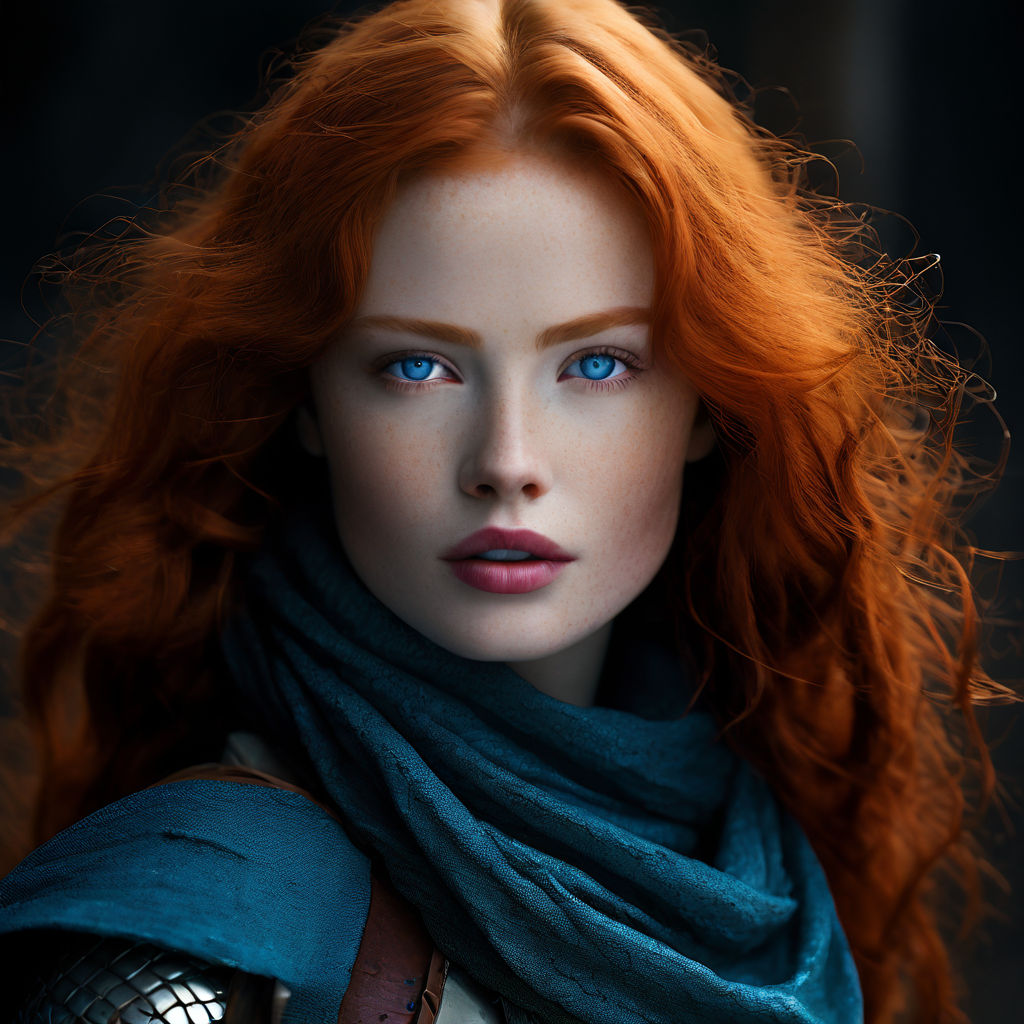 a woman with red hair and blue eyes