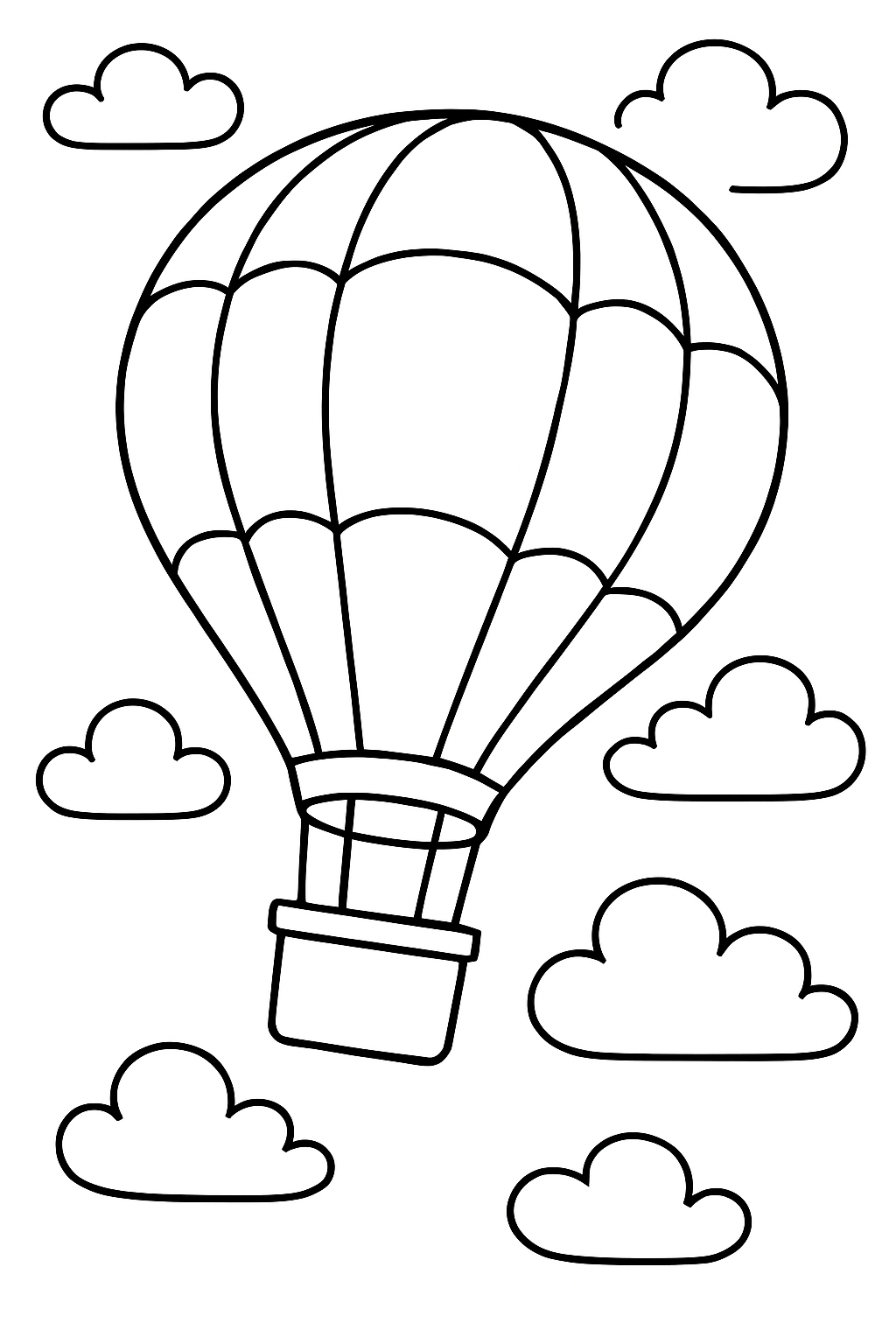 Whimsical Hot Air Balloon and Clouds Line Drawing Coloring Page