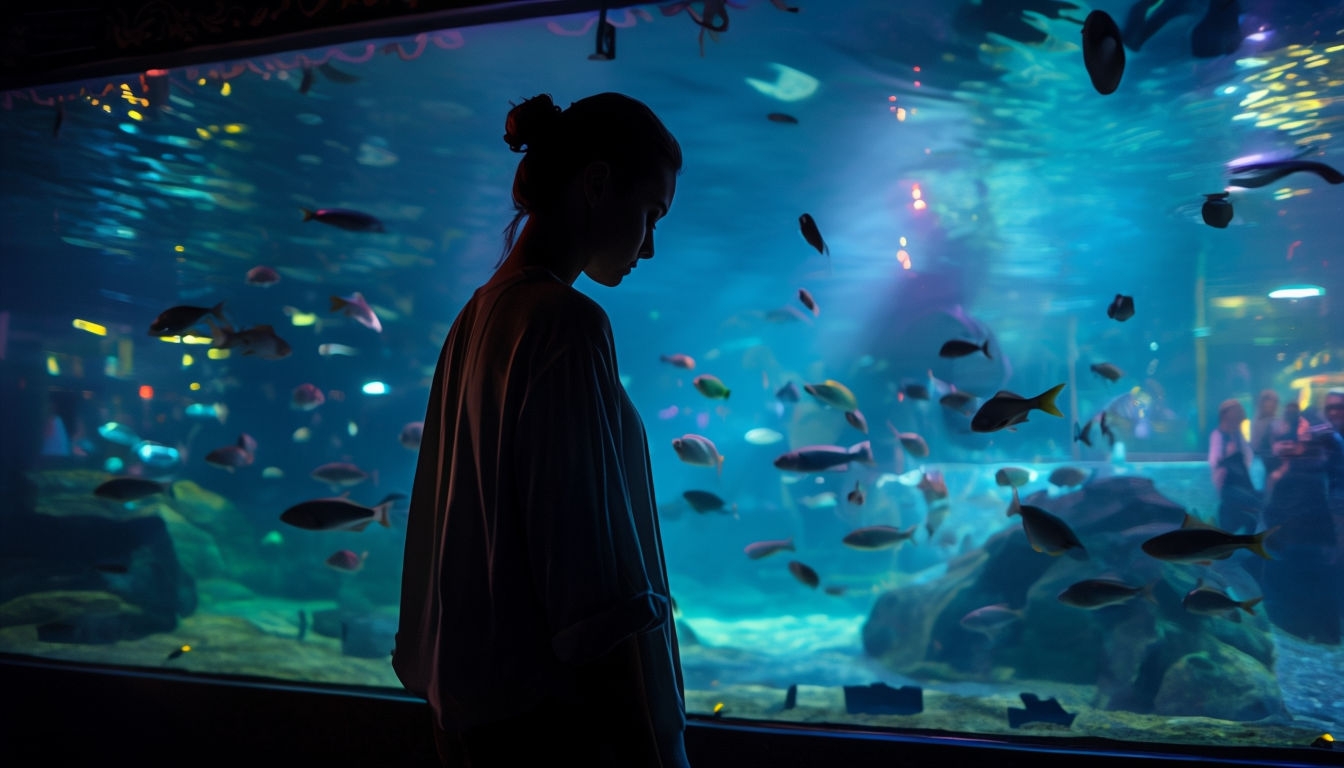 Silhouetted Figure in Vibrant Aquarium Scene Virtual Background
