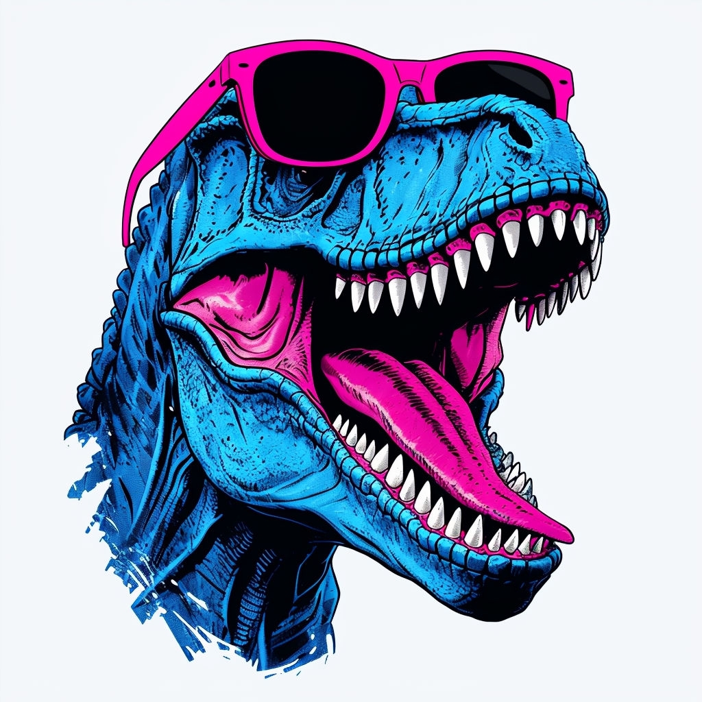 Vibrant Electric Blue Dinosaur Head with Retro Sunglasses Sticker