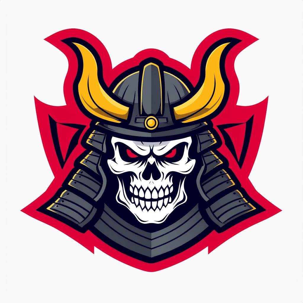 Cartoon Samurai Helmet with Skull Face and Red Eyes Sticker