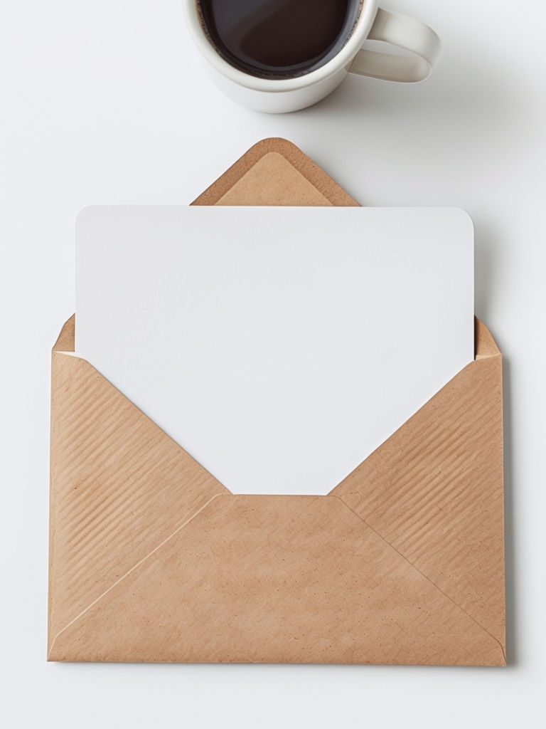 Minimalist Brown Envelope with White Card and Coffee Mug Mockup