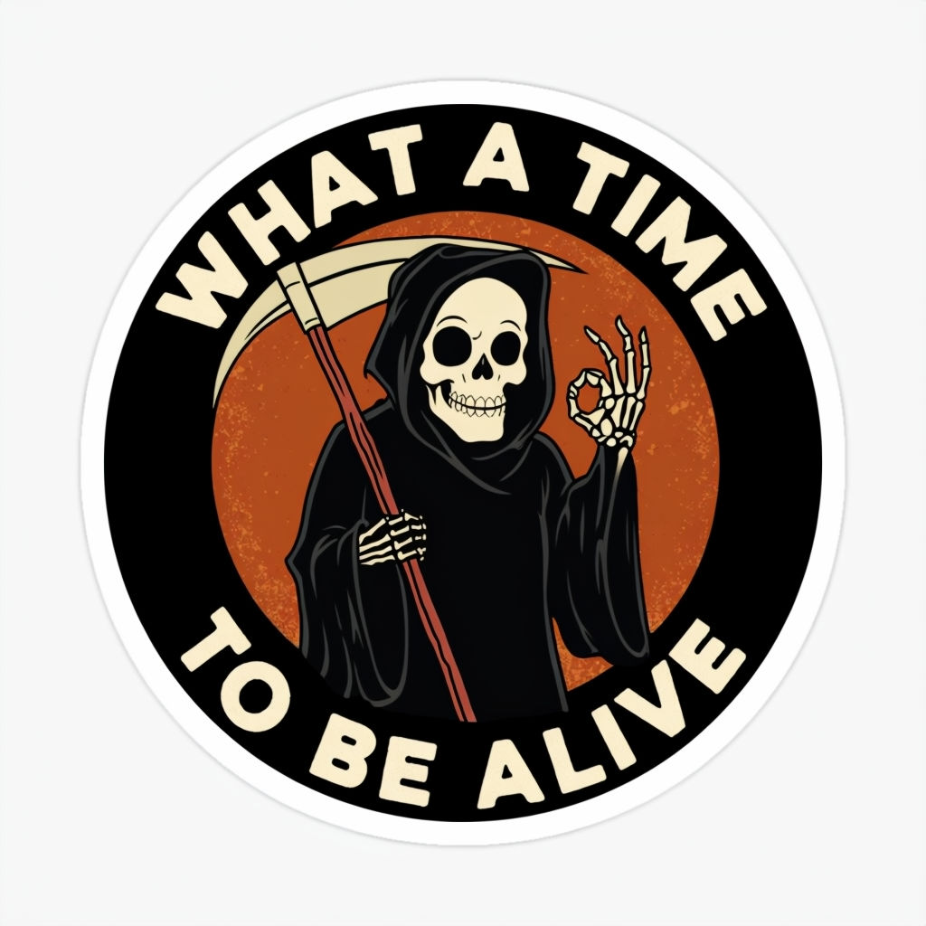 Friendly Grim Reaper Vintage Style Sticker with 'What a Time to Be Alive' Text