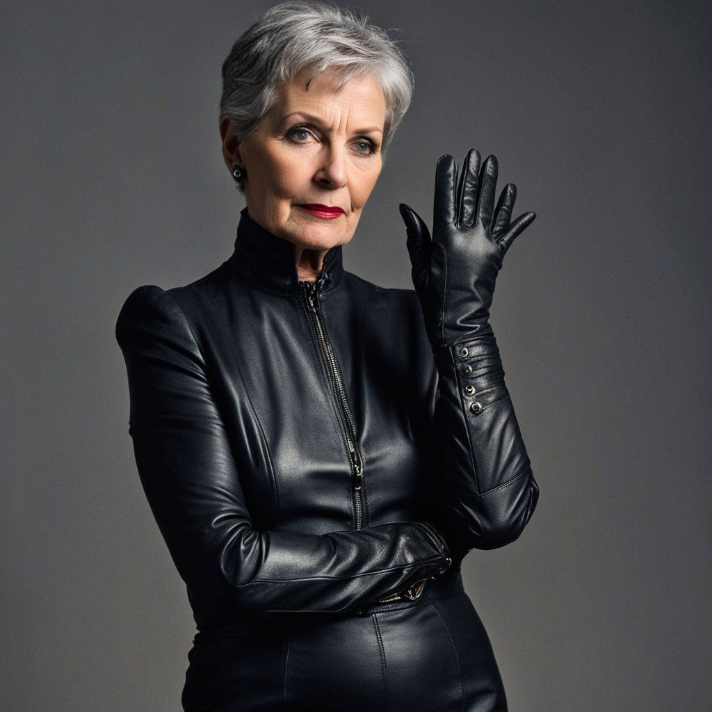 Dominant granny wearing black leather gloves