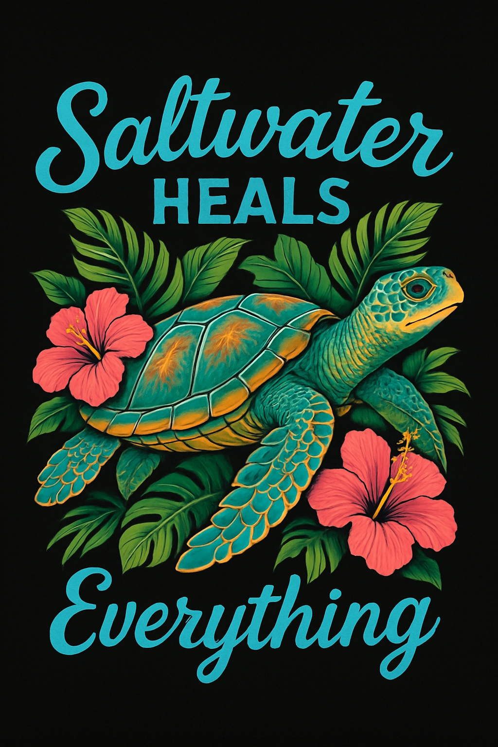 Vibrant Sea Turtle with Tropical Elements and Healing Message T-Shirt