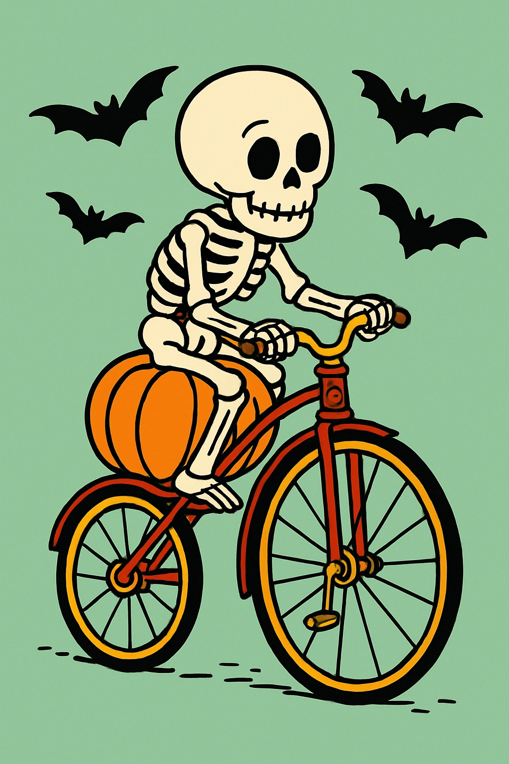 Whimsical Skeleton Riding Bicycle with Pumpkin T-Shirt