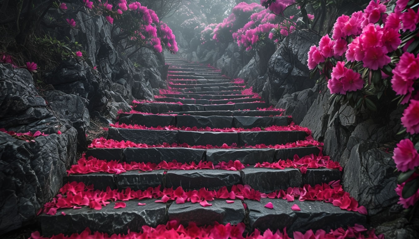 Enchanting Serene Stone Pathway Surrounded by Vibrant Flowers Virtual Backgrounds