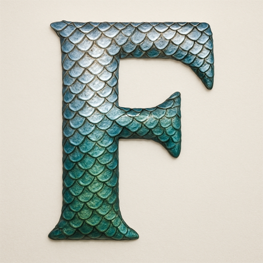 Intricate Teal and Aqua Letter F Scale Monogram Design