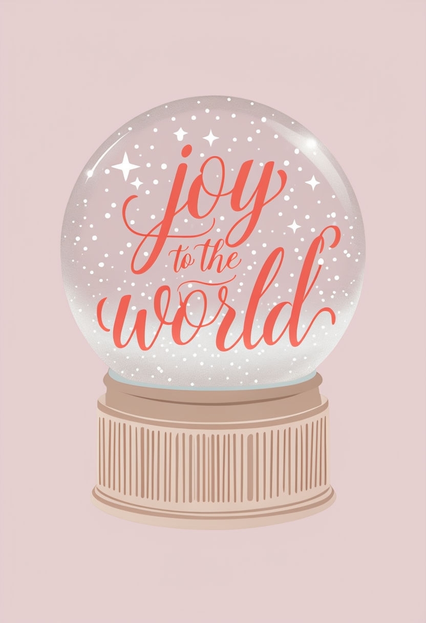 Festive Snow Globe with 'Joy to the World' Calligraphy Poster