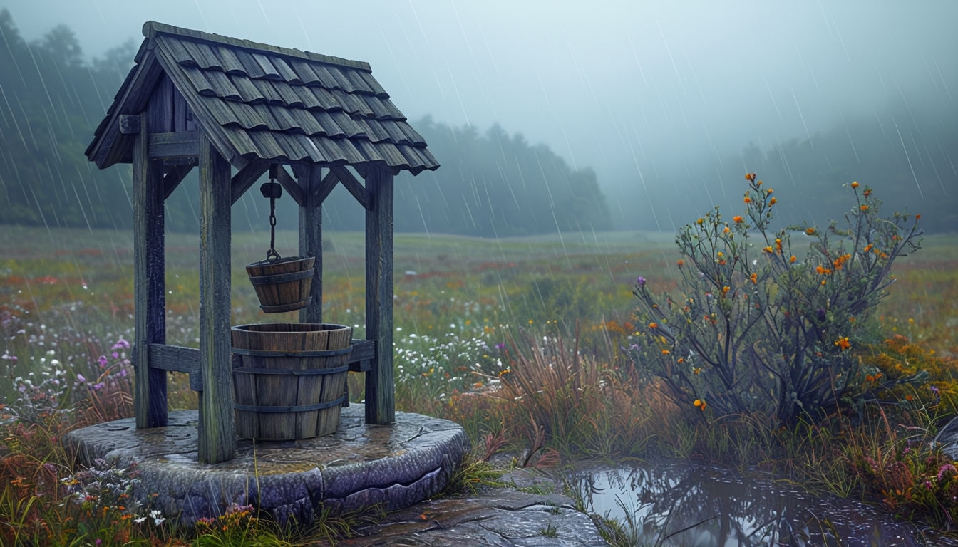 Serene Rainy Day Landscape with Wishing Well Virtual Background