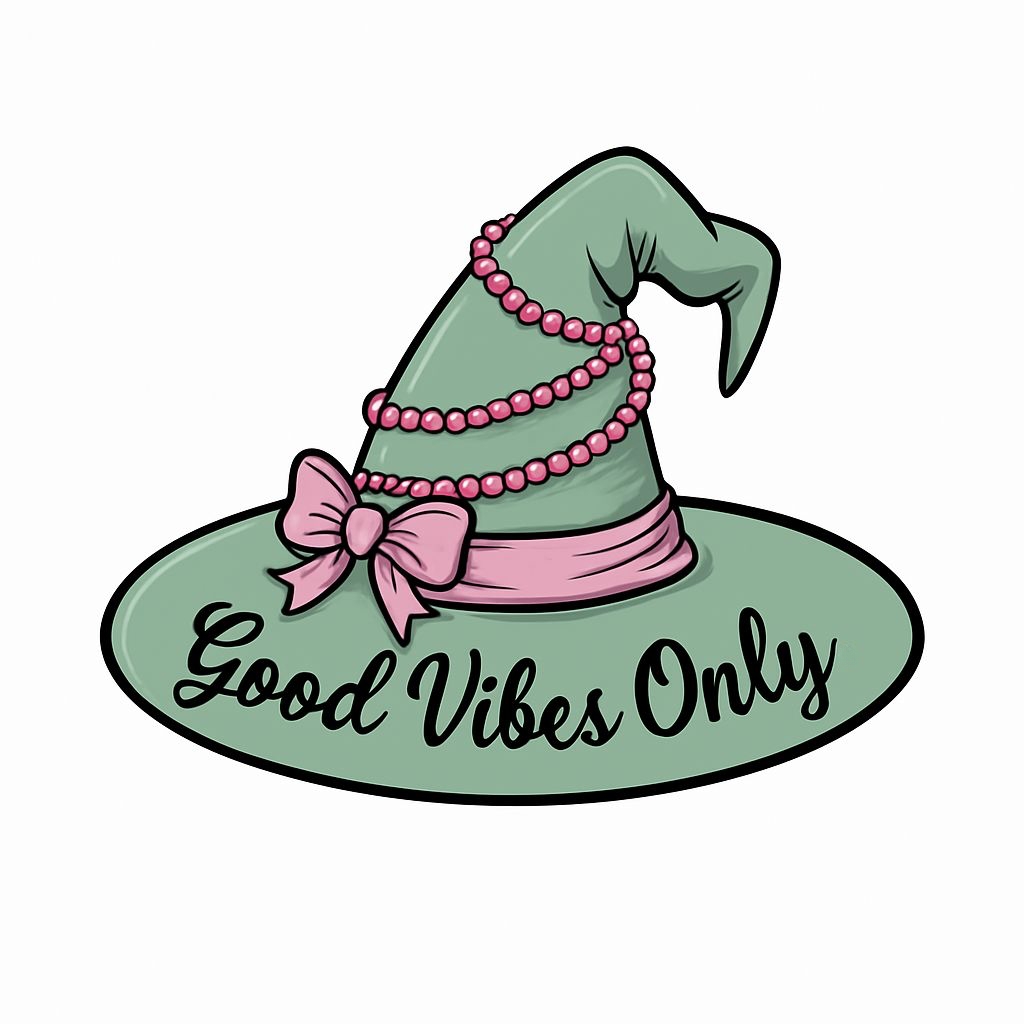 Whimsical Mint Green Witch Hat with Good Vibes Only Sticker