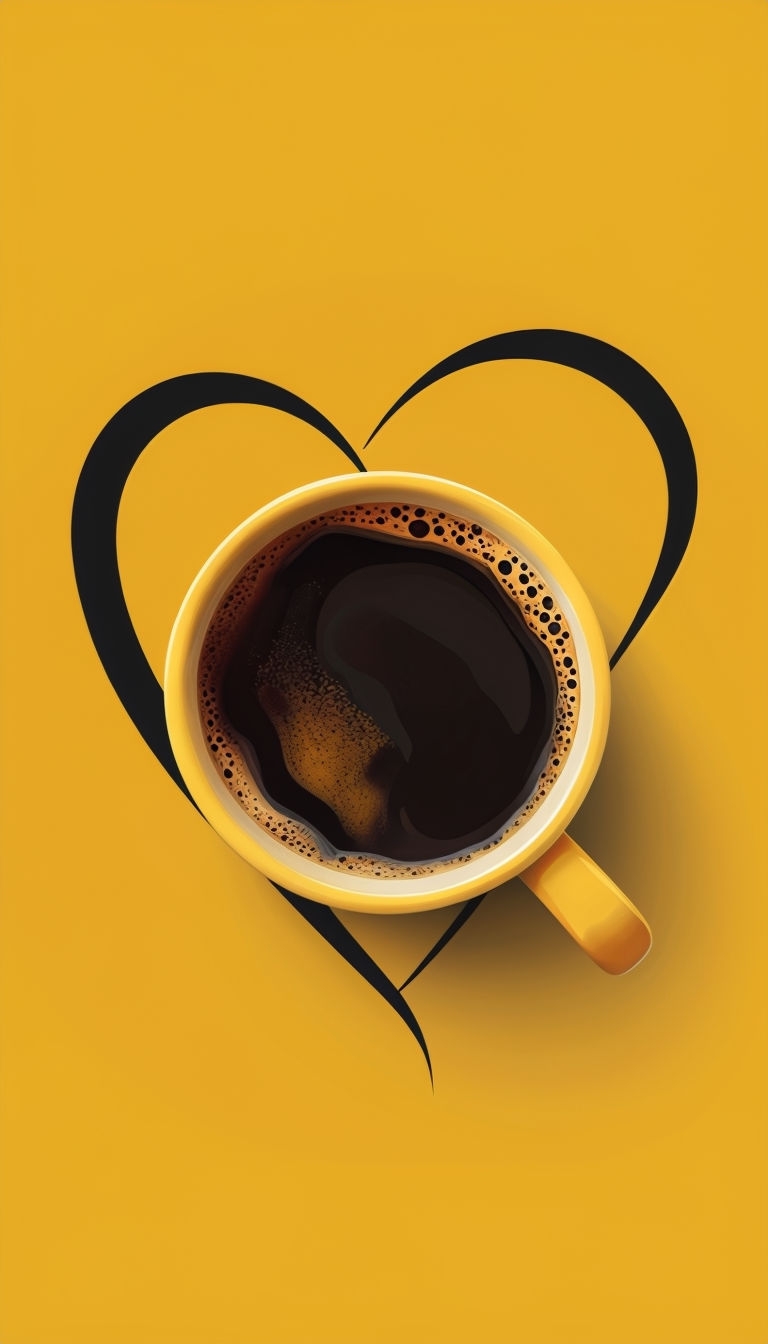 Minimalist Yellow Coffee Cup with Heart Background Mobile Wallpaper
