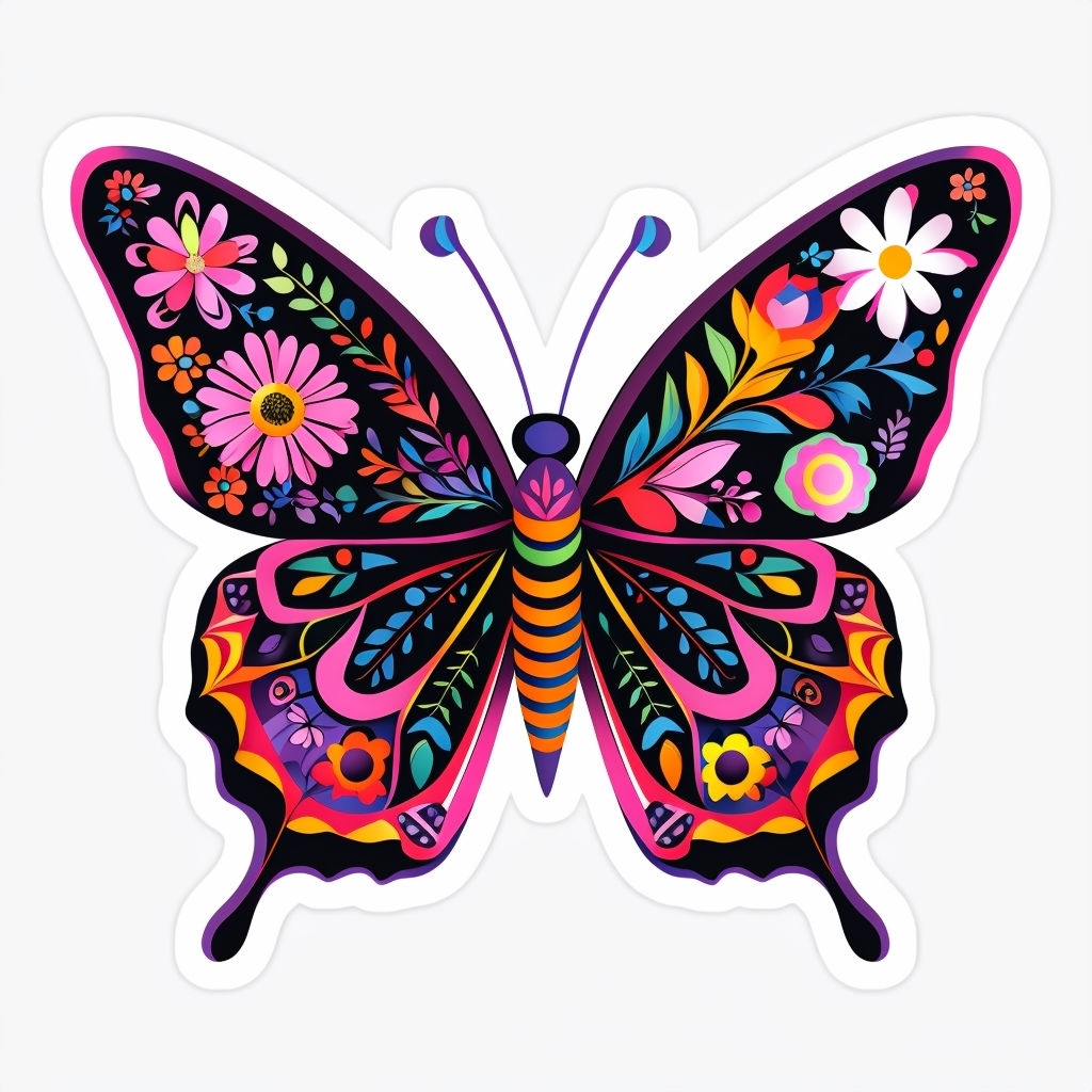 Vibrant Stylized Butterfly Illustration with Floral Designs Sticker