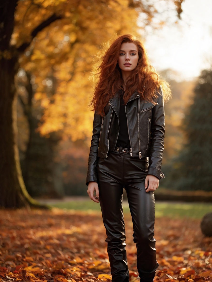 Redhead women in black leather